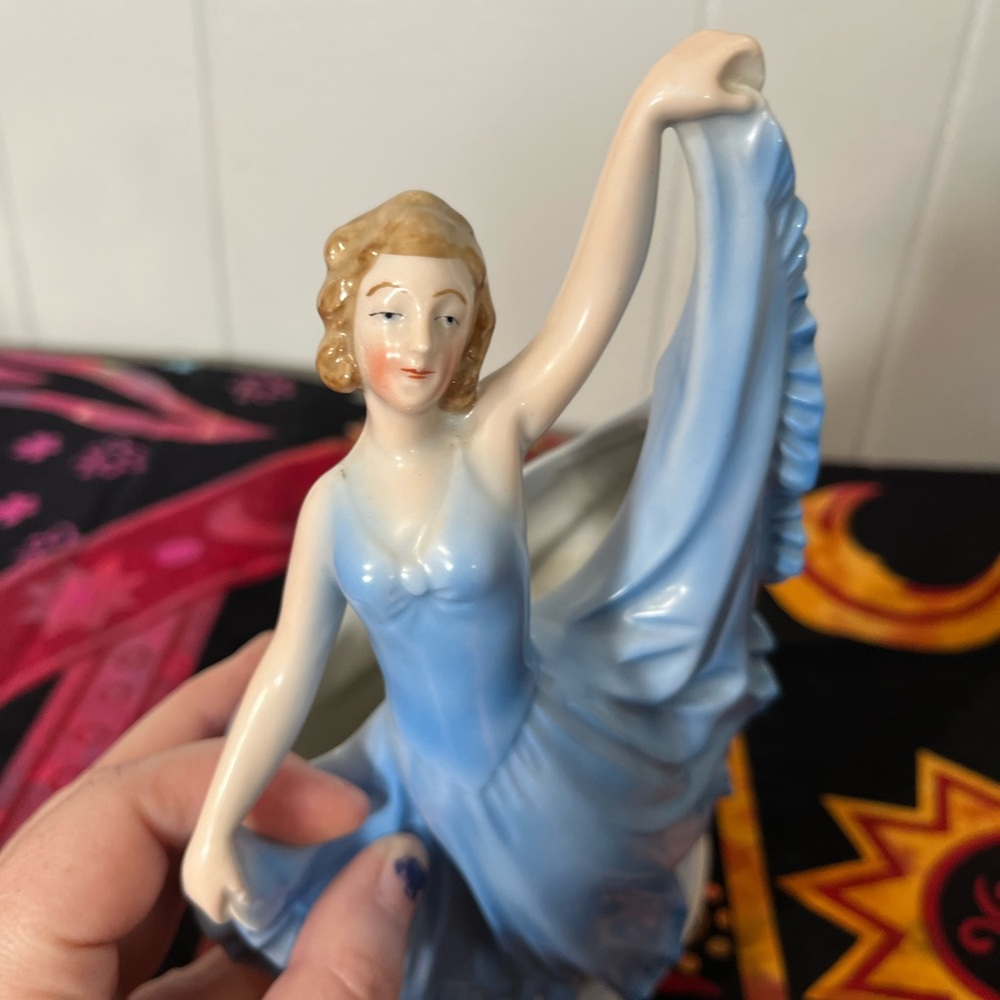 Vintage Germany Porcelain Blue Dancing Lady Woman Vase Planter - Picture 3 of 10